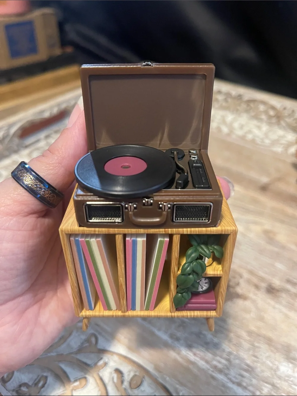 Bath & Body Works Brown Mini Record Player on Wood-Style Shelf